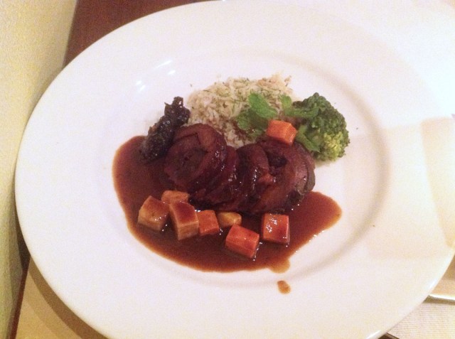 Braised, Stuffed Leg of Lamb Root Vegetables, Persian Rice and Prune Chutney