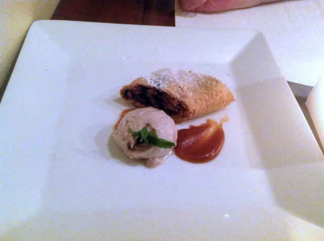 Warm Banana, Walnut, Chocolate "Strudel" with Banana Honey Ice-Cream, Caramel Sauce