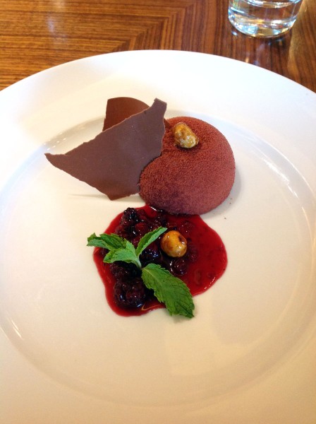 Cappucino brûlée and royal chocolate cake with mixed berry compote