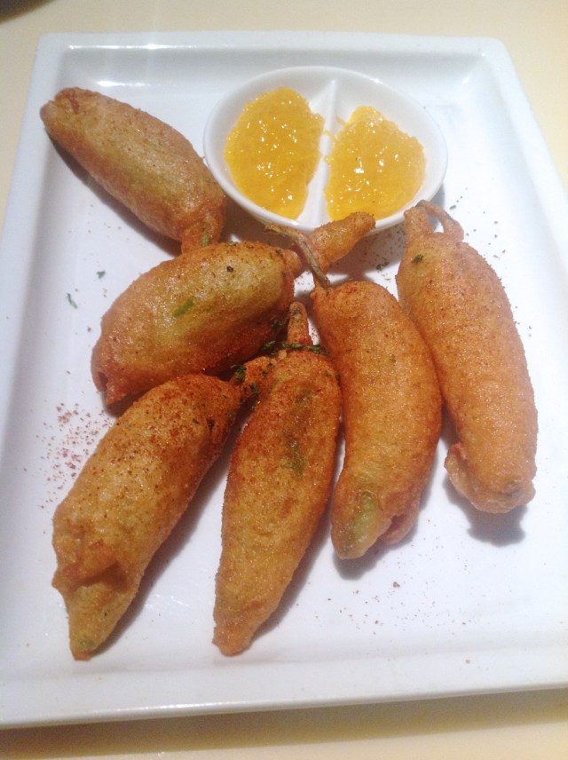 Baby chilli poppers, white cheddar, fresh coriander & raw mango chutney Blue Frog, Mumbai