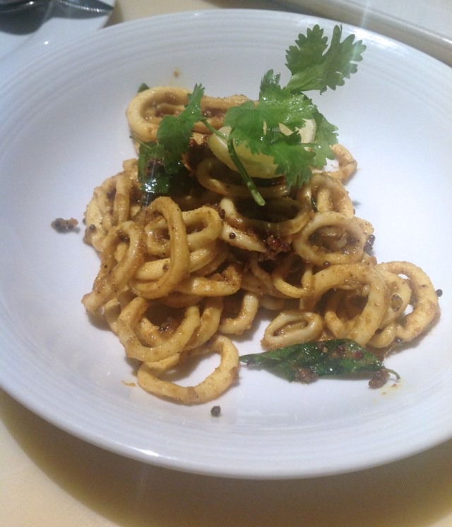 Kerala calamari sautéed in olive oil, garlic & curry leaves Blue Frog, Mumbai