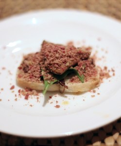 Foie grass with onion chutney and rasberry foie gras powder Gaggan, Bangkok