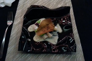 White asparagus in a chili bean curry with green chilli oil