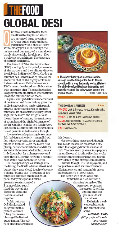 Hindustan Times Mumbai review of The Bombay Canteen