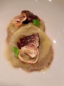 Ravioli Stuffed with Ricotta, Parmesan and Fresh Black Truffle on a Cream, Parmesan and Walnut Sauce Garnished with Fresh Black Truffle and Onion Chips, Le Cirque Signature, Mumbai