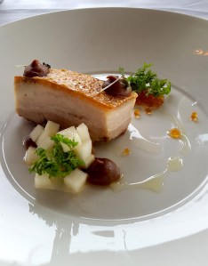 Slow-cooked Victorian pork belly, brown apple puree, apple pearls, pickled pears and chervil Jack Rabbit restaurant, Bellari