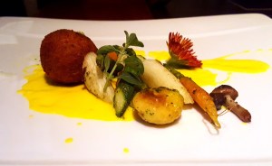 White asparagus on saffron coulis, infused milk chocolate arancini, Romanos, JW Marriott, Sahar