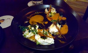Burrata, carrot marinara, fermented carrot vin, carot top pesto, One Street Over