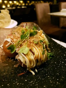 Chorizo takoyaki with parmesan tuile, Pa Pa Ya, Colaba