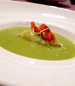 Asparagus and Ham Soup, mortadella mousse, proscuitto di Parma, Botticino, Trident BKC, Mumbai