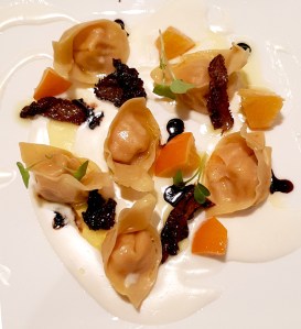 Butternut squash tortellini with candied orange, morels and parmesan fondue, Botticino, Trident BKC, Mumbai